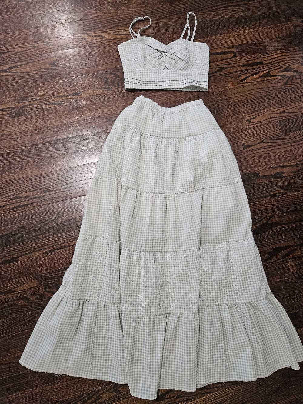 Altar'd State Light Green Gingham Tiered Maxi Skirt (XS) and Crop Top (M) Set